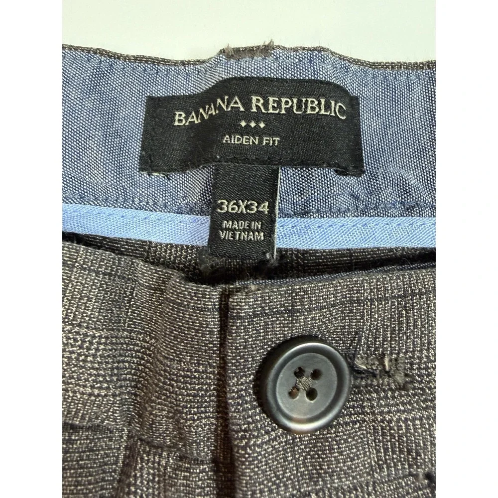 Banana Republic Mens 36x34 Aiden Slim Fit Brown Grid Plaid Cotton Chino Trousers